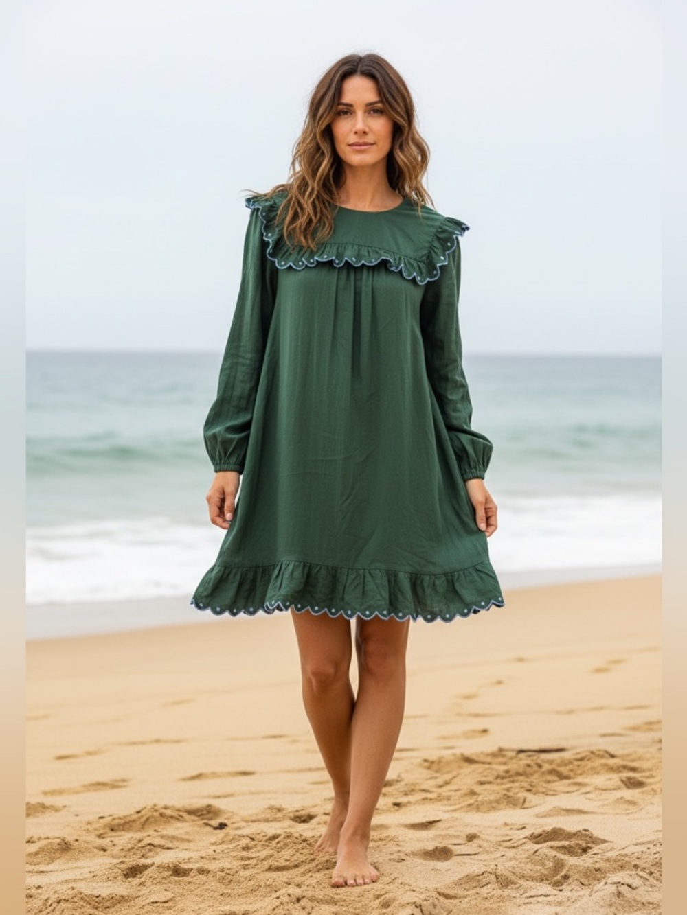 Corey Lynn Calter Dark Green Long-Sleeve Ruffle-Trim Dress